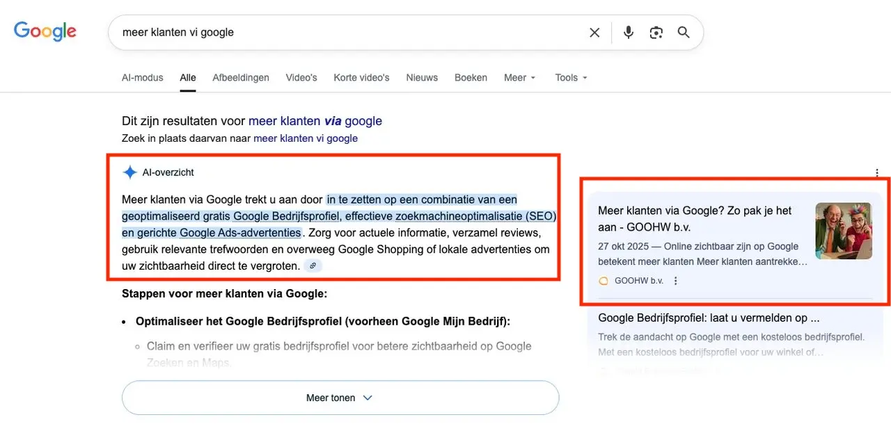 wat is AEO GOOHW zoekresultaat van Google over meer klanten via Google