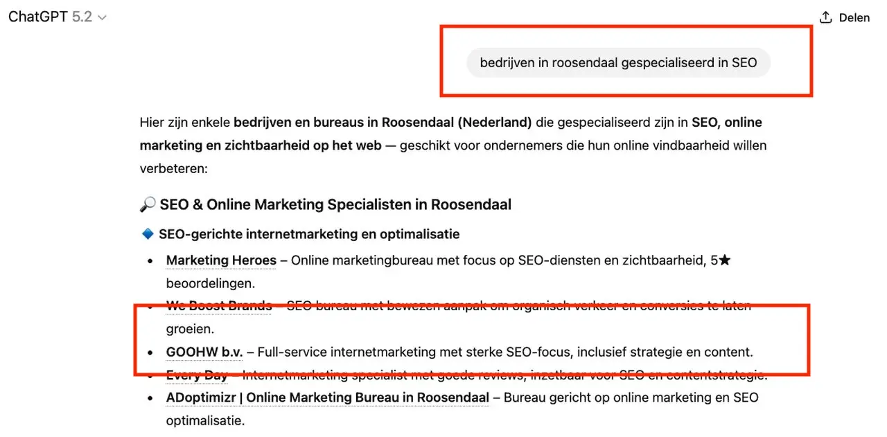 wat is AIO GOOHW vraag aan ChatGPT over bedrijven in roosendaal die gespecialiseerd zijn in SEO