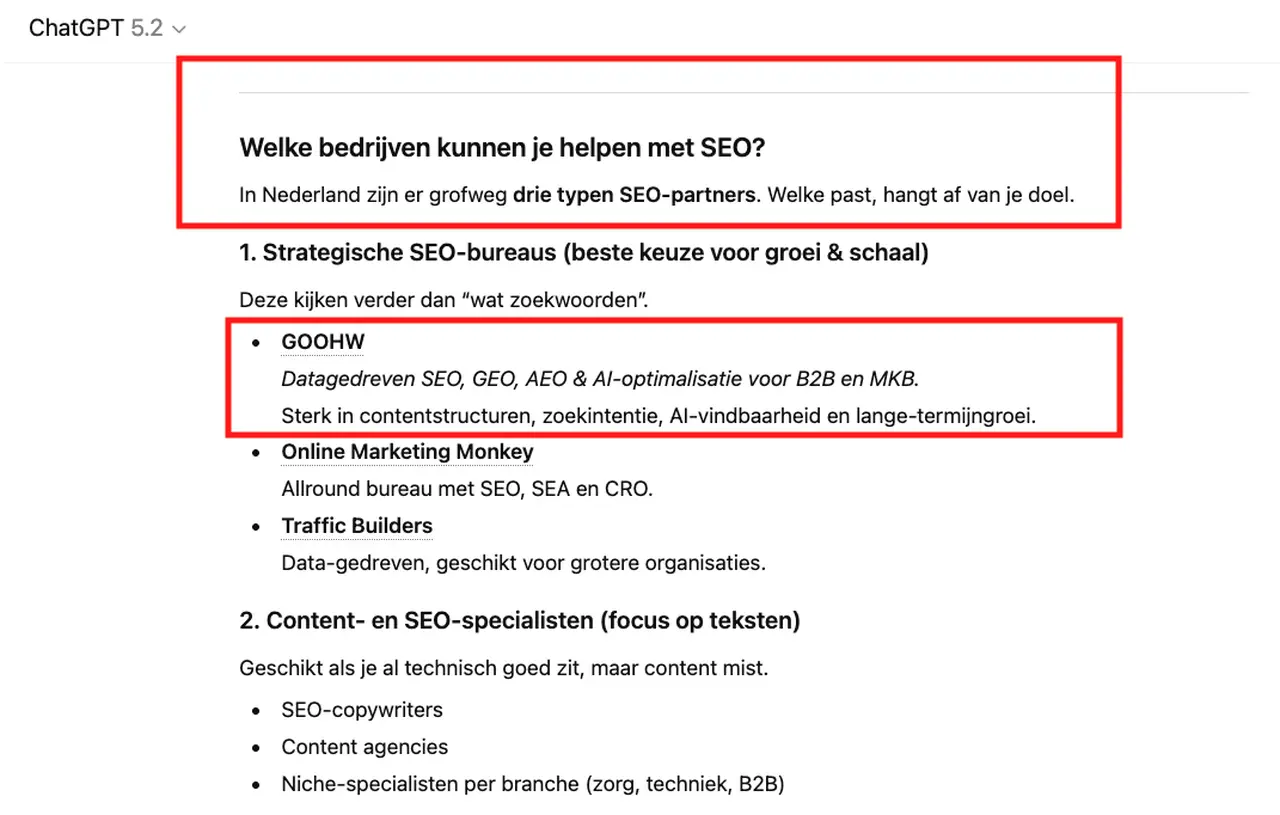 wat is GEO GOOHW Vraag in ChatGPT over Welke bedrijven kunnen je helpen met SEO?